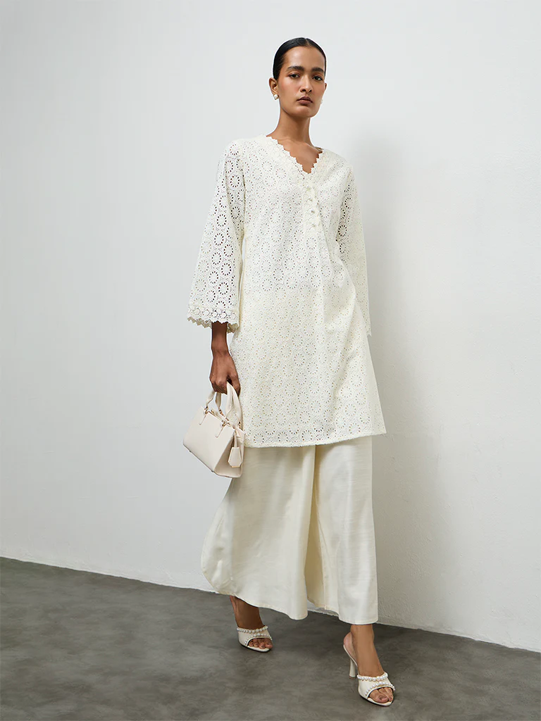 Zuba Ivory Schiffli Embroidered Cotton A-Line Kurta