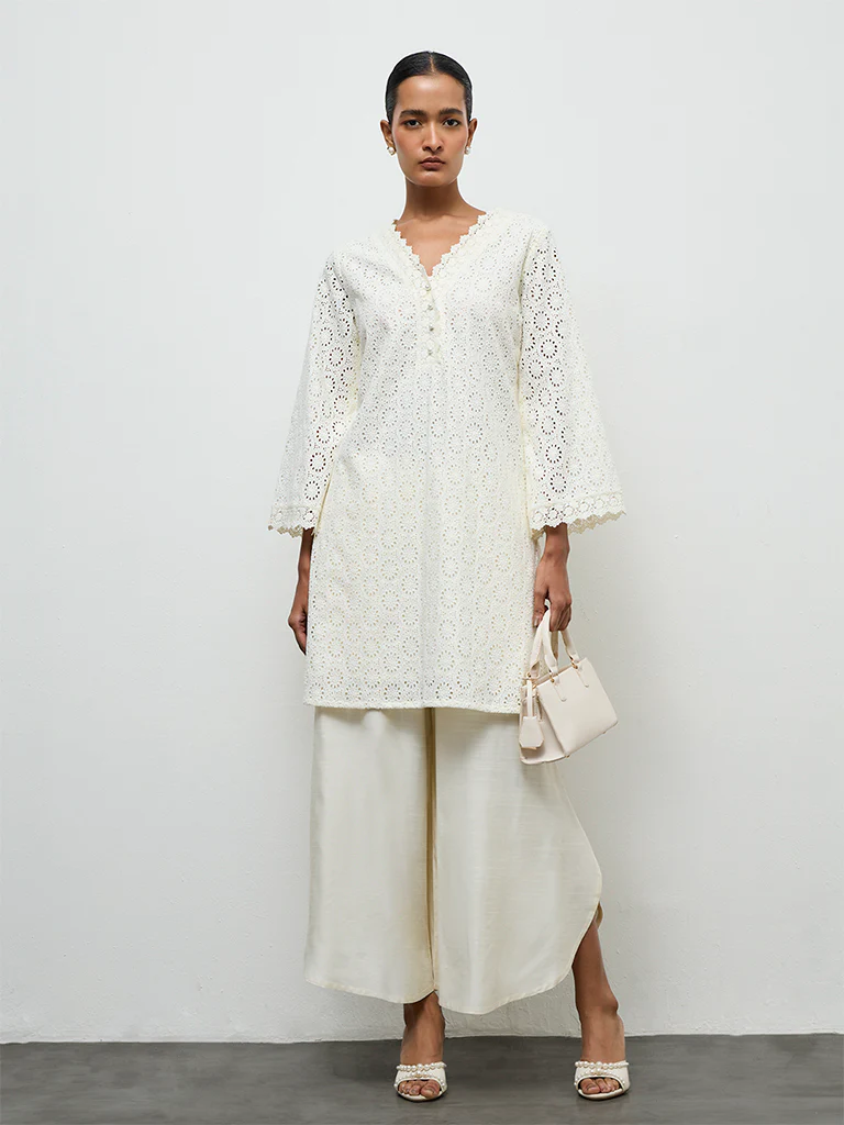 Zuba Ivory Schiffli Embroidered Cotton A-Line Kurta - Image 2
