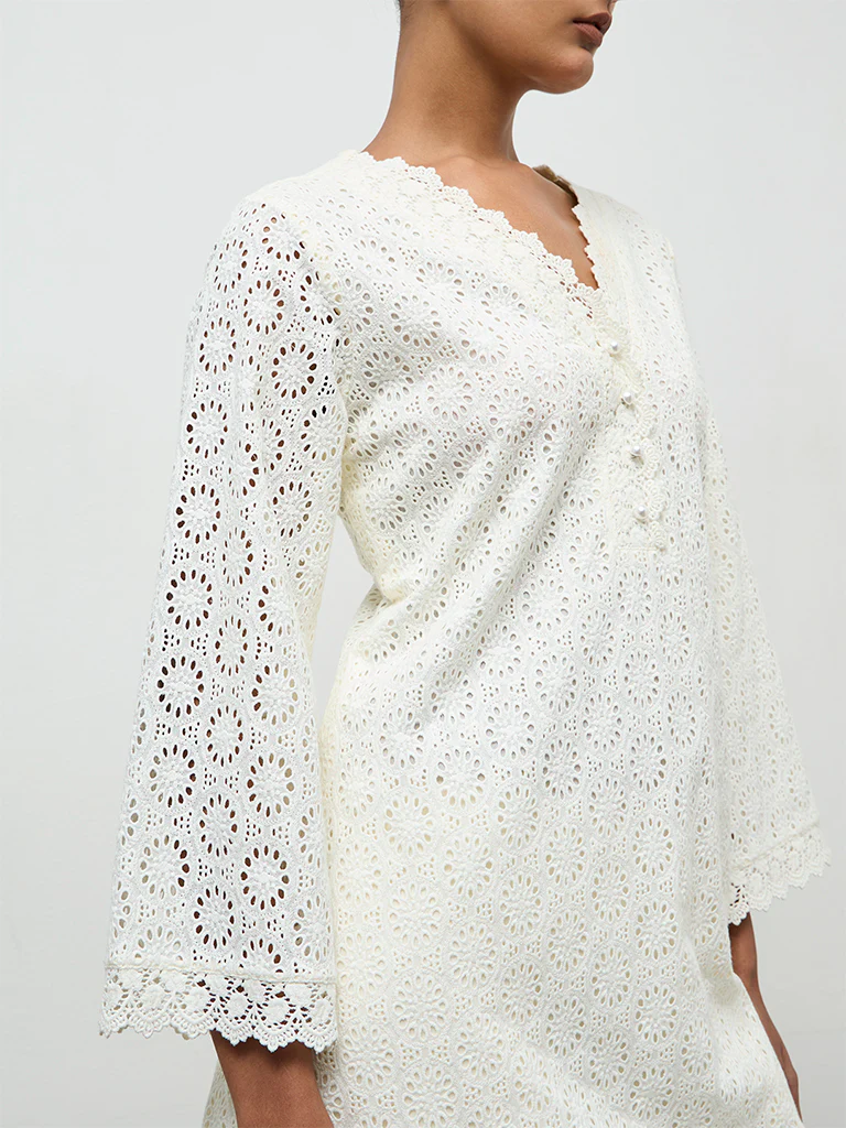 Zuba Ivory Schiffli Embroidered Cotton A-Line Kurta - Image 3