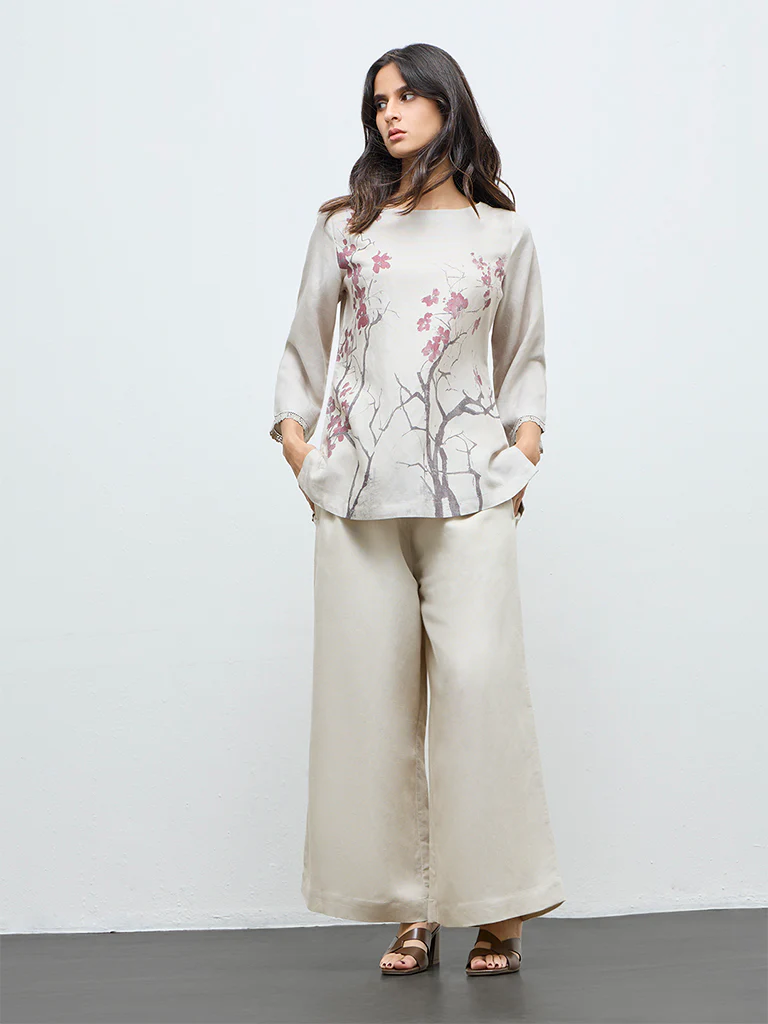 Zuba Light Beige Floral Pattern Tunic - Image 2