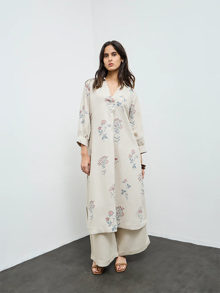 Zuba Light Beige Floral Printed A-Line Kurta