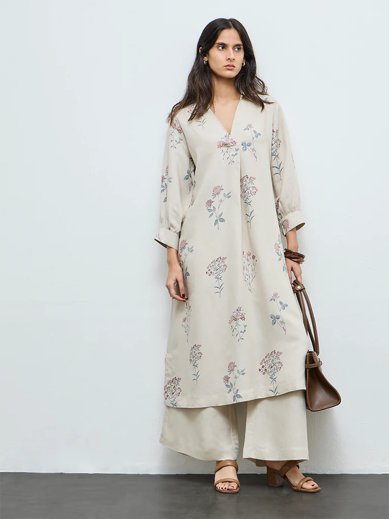 Zuba Light Beige Floral Printed A-Line Kurta - Image 2