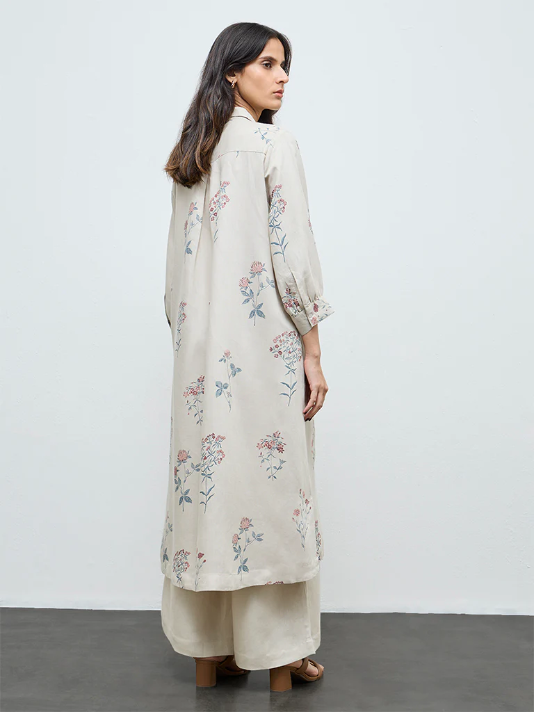 Zuba Light Beige Floral Printed A-Line Kurta - Image 4