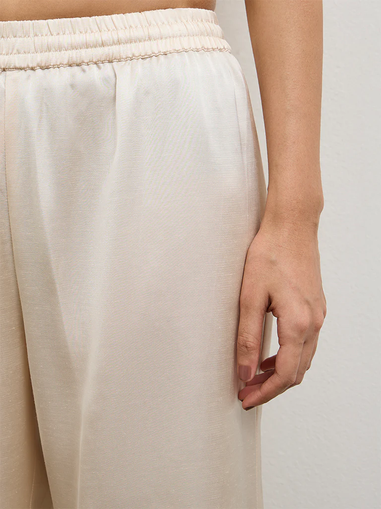 Zuba Light Beige Solid Linen Blend Pants - Image 3