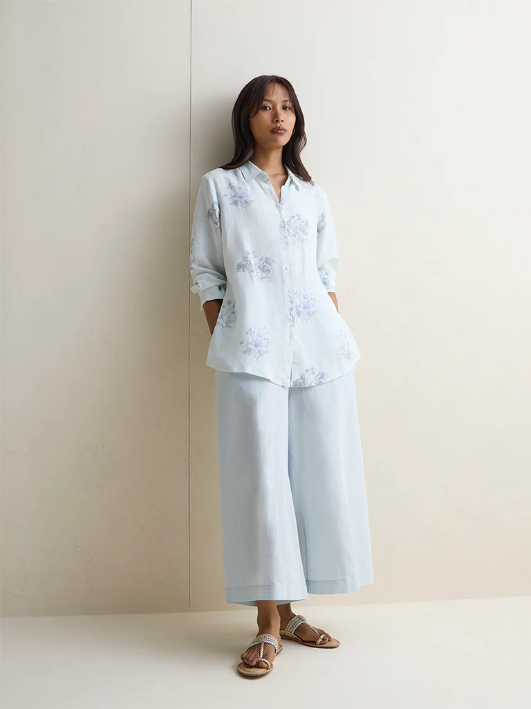 Zuba Light Blue Solid Cotton-Blend Palazzos - Image 2