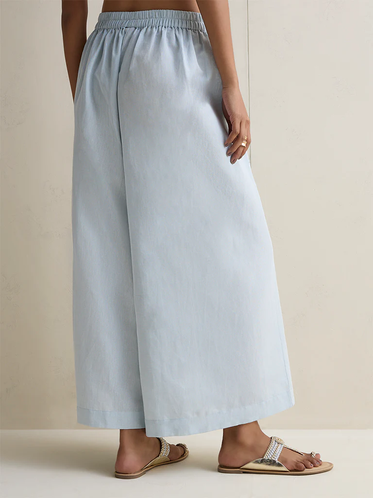Zuba Light Blue Solid Cotton-Blend Palazzos - Image 4