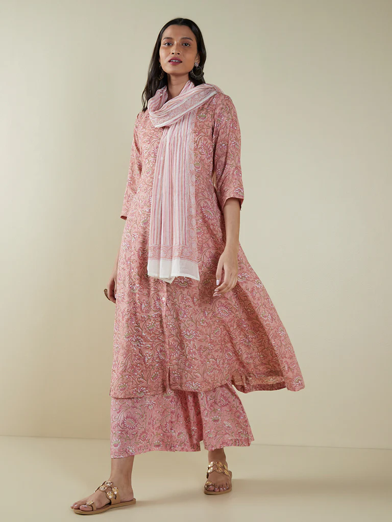 Zuba Light Pink Floral-Printed Flared Palazzos - Image 4