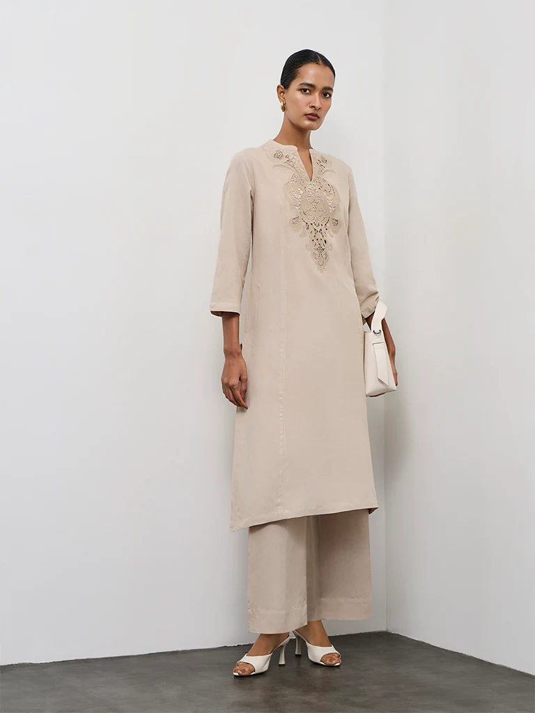 Zuba Light Taupe Embroidered Cotton Linen A-Line Kurta