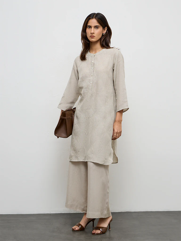 Zuba Light Taupe Embroidered Linen A-Line Kurta
