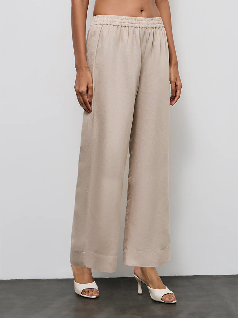 Zuba Light Taupe Solid Cotton Linen Pants