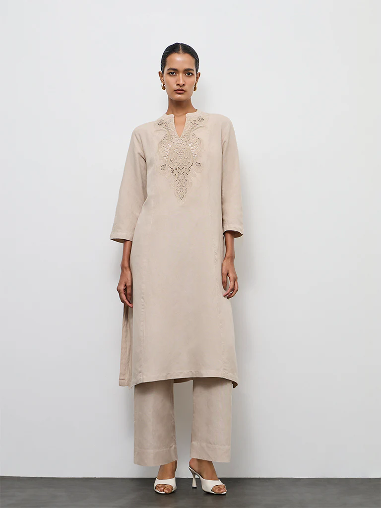 Zuba Light Taupe Solid Cotton Linen Pants - Image 2
