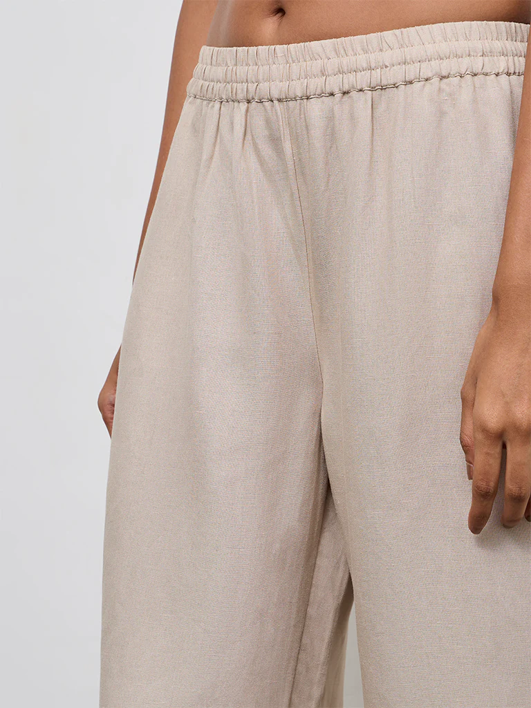 Zuba Light Taupe Solid Cotton Linen Pants - Image 3