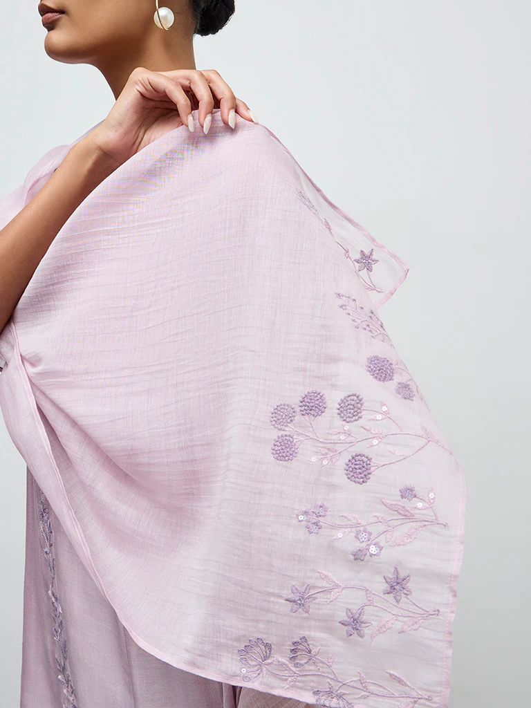 Zuba Lilac Embroidered Cotton-Blend Dupatta
