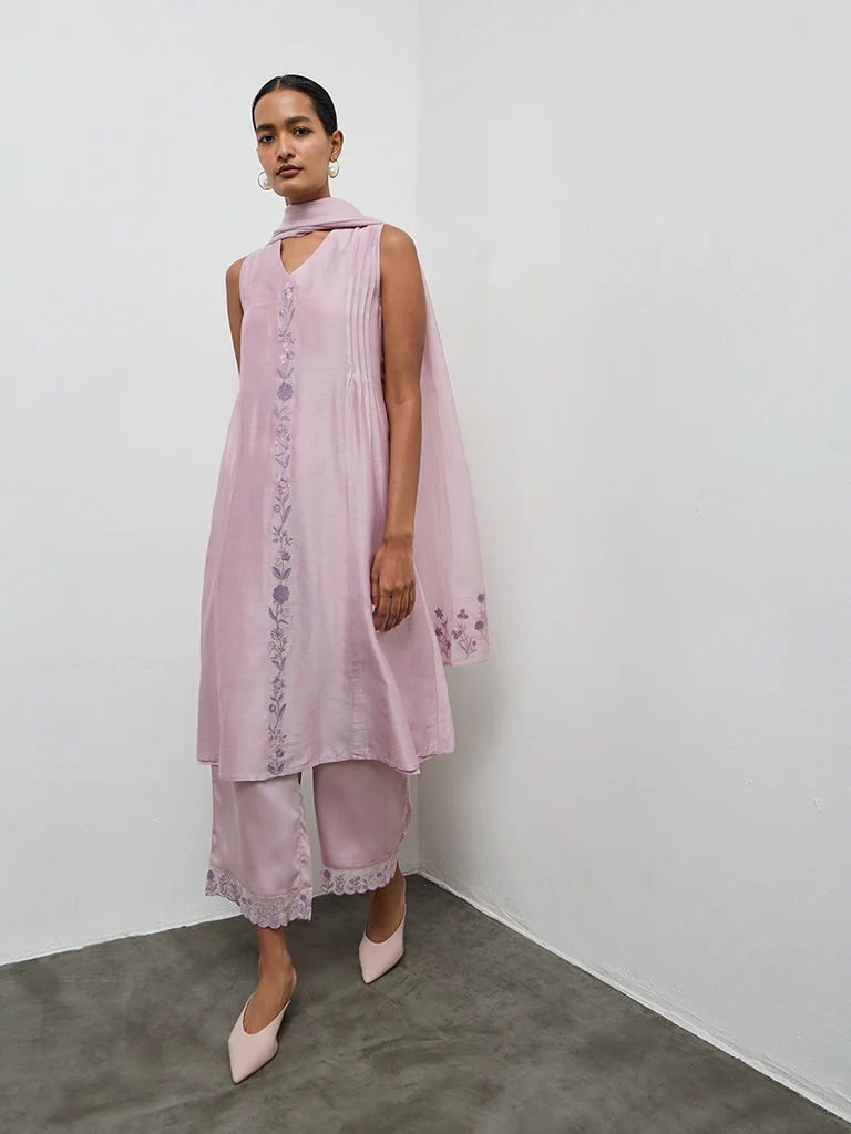 Zuba Lilac Floral Embroidered A-Line Kurta
