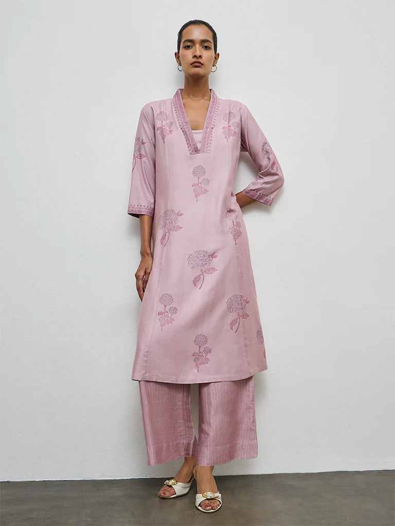 Zuba Lilac Floral Printed A-Line Kurta - Image 2