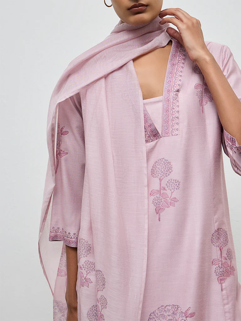 Zuba Lilac Floral Printed Cotton-Blend Stole