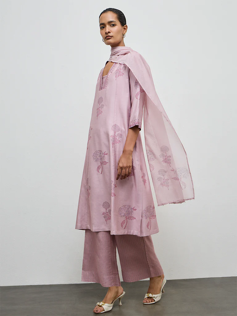 Zuba Lilac Floral Printed Cotton-Blend Stole - Image 2