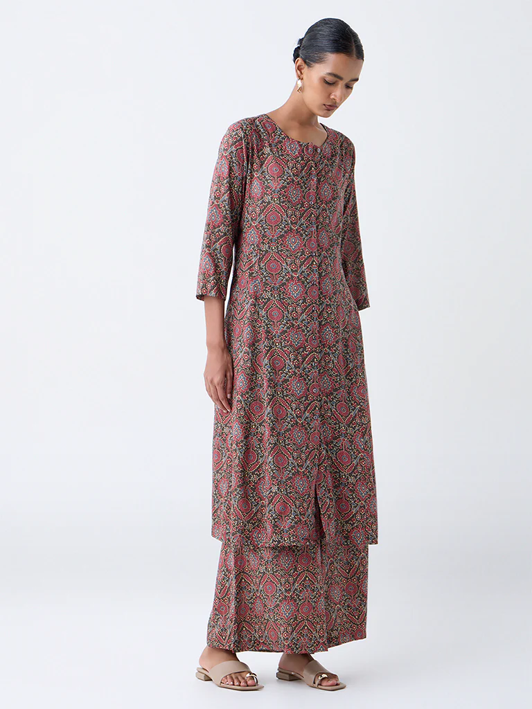 Zuba Maroon Ajrakh Printed A-Line Kurta - Image 2