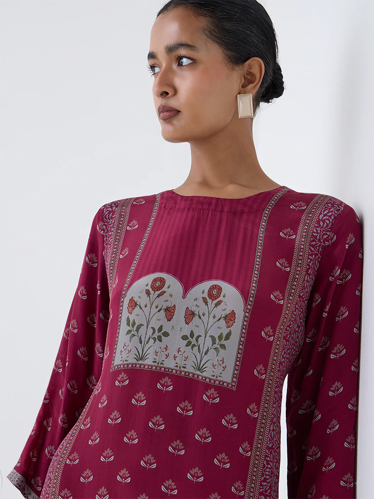 Zuba Maroon Floral Printed A-Line Kurta - Image 3