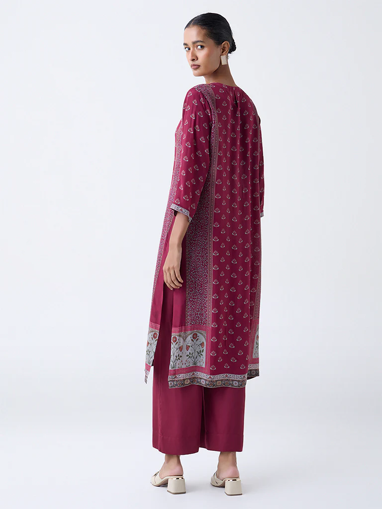 Zuba Maroon Floral Printed A-Line Kurta - Image 4