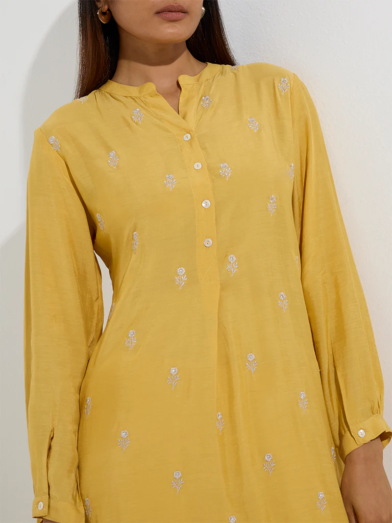 Zuba Mustard Floral Embroidered A-Line Kurta - Image 3