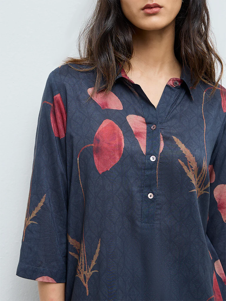 Zuba Navy Botanical Printed A-Line Kurta - Image 3