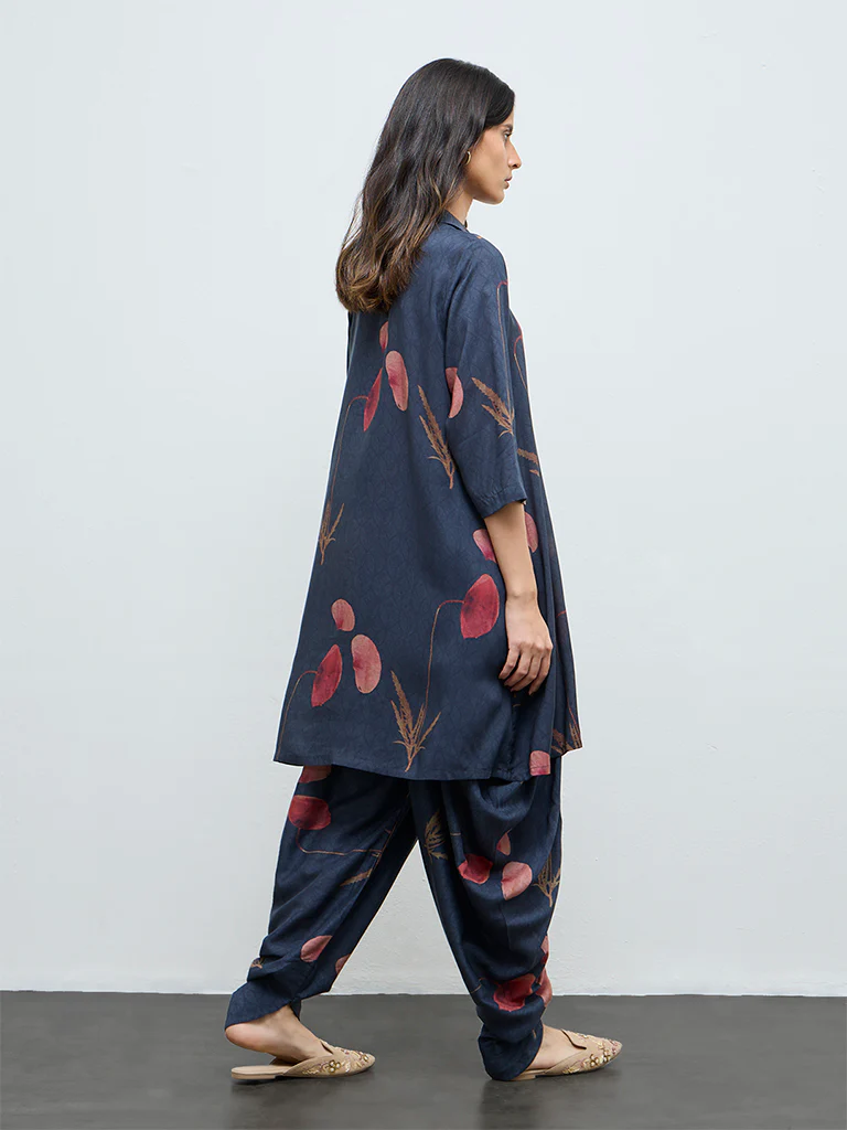 Zuba Navy Botanical Printed A-Line Kurta - Image 4