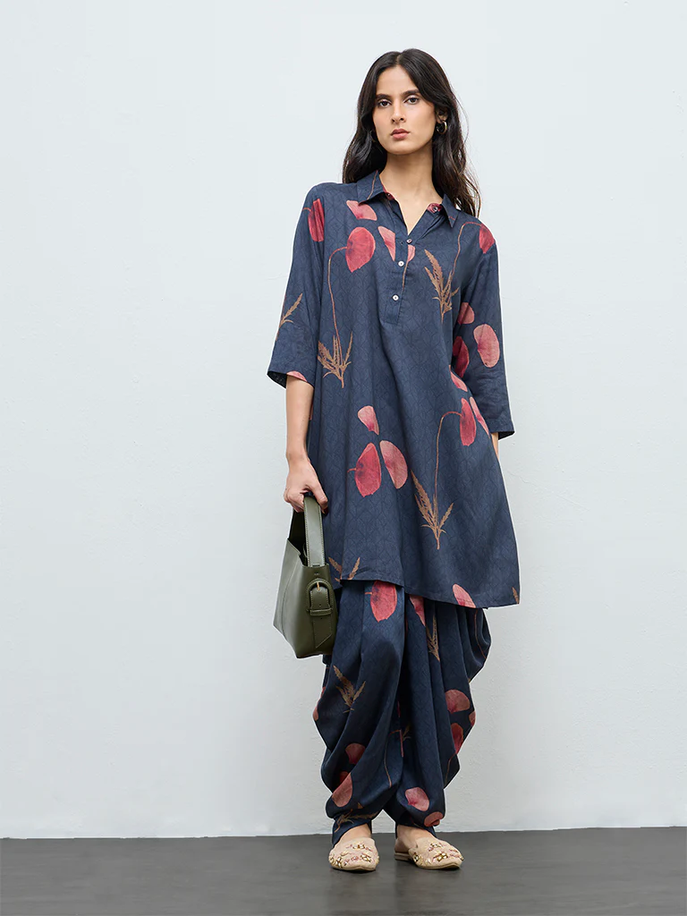 Zuba Navy Botanical Printed Dhoti Pants - Image 2
