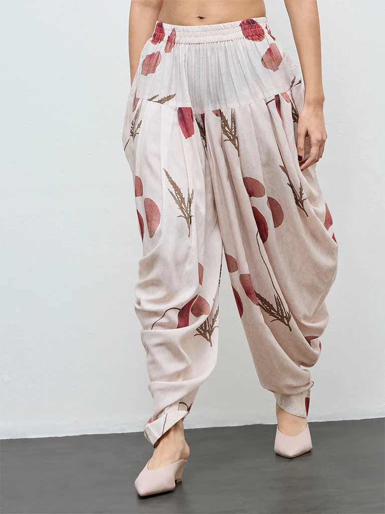 Zuba Off-White Botanical Printed Dhoti Pants