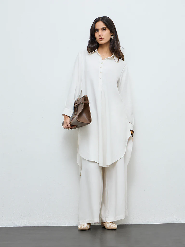 Zuba Off-White Crochet-Detail Asymmetrical Kurta
