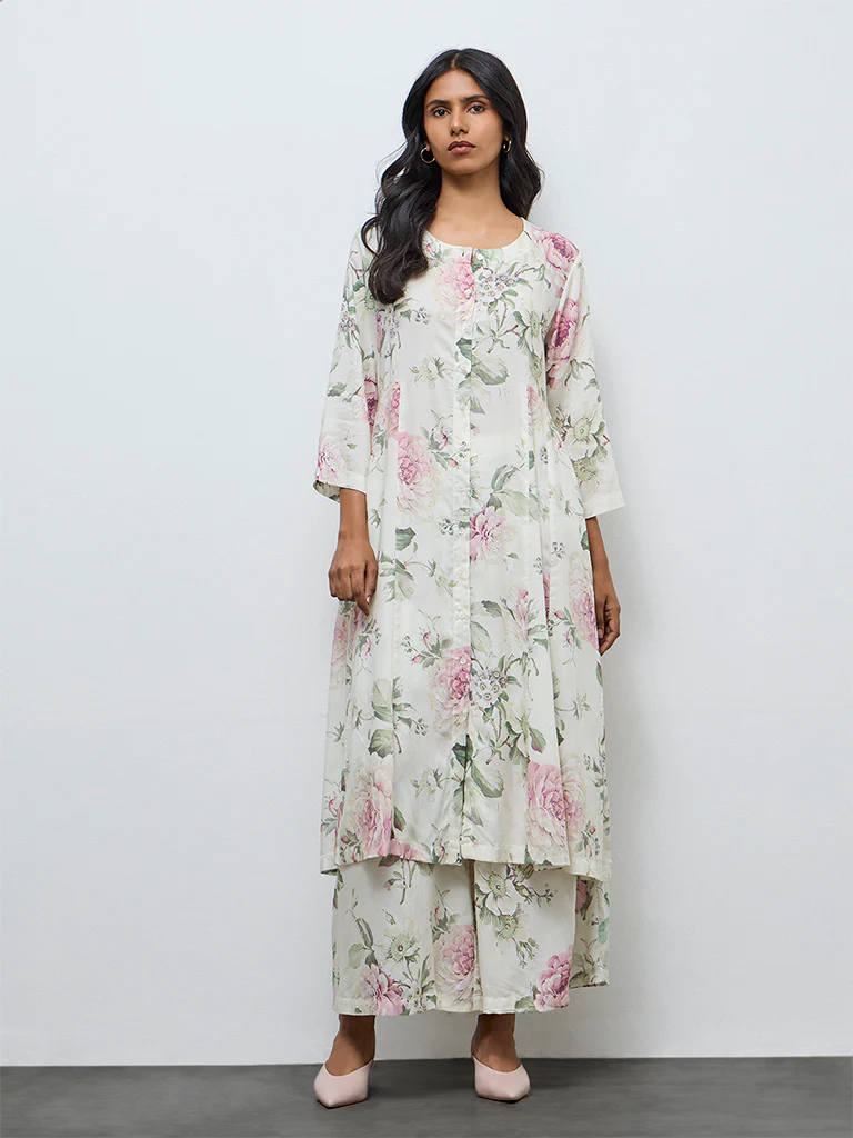 Zuba Off-White Floral A-Line Kurta