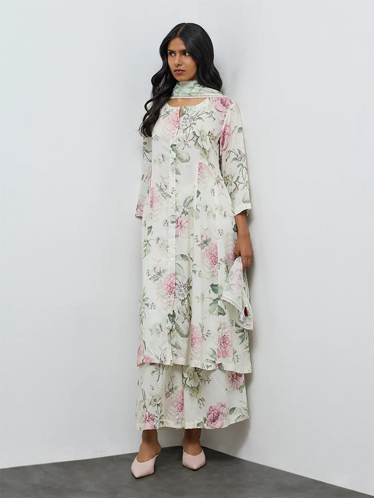 Zuba Off-White Floral A-Line Kurta - Image 2