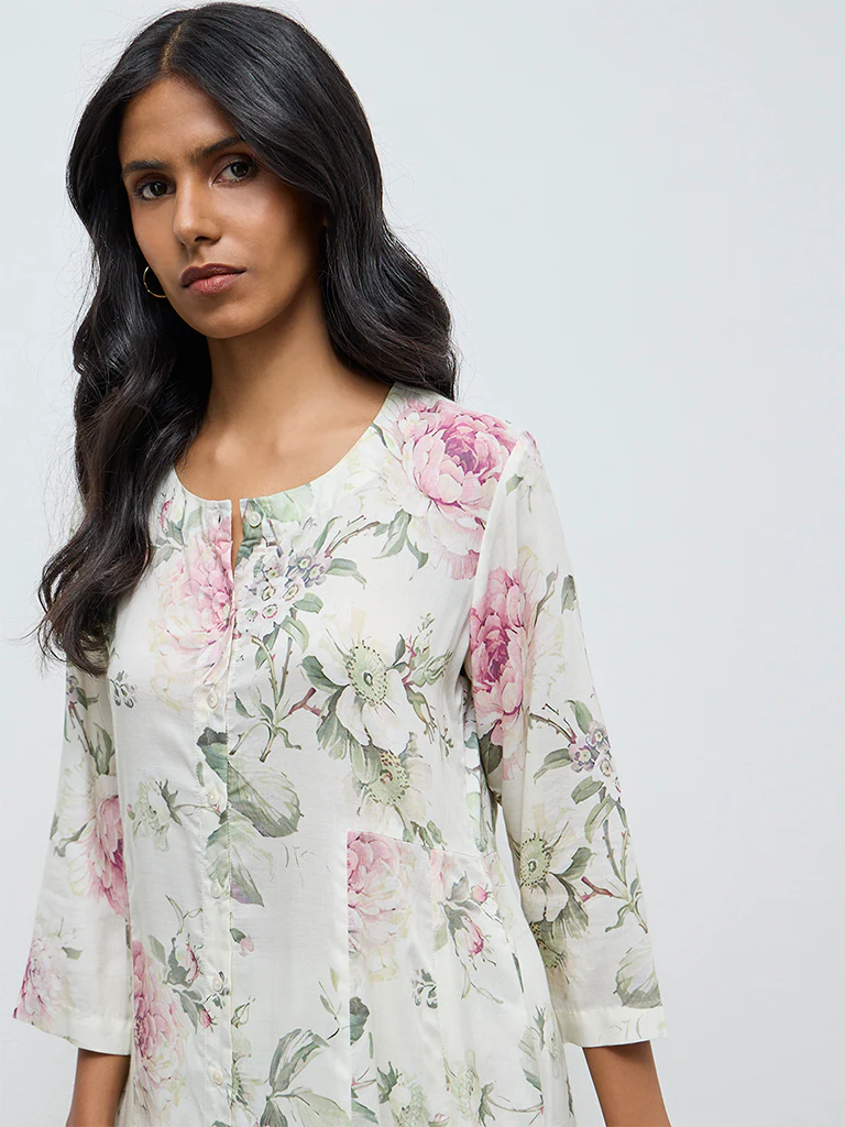 Zuba Off-White Floral A-Line Kurta - Image 3
