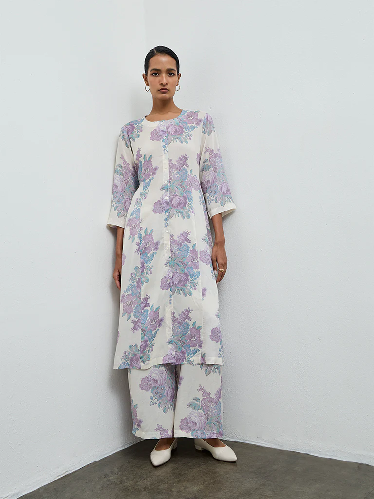 Zuba Off-White Floral A-Line Kurta