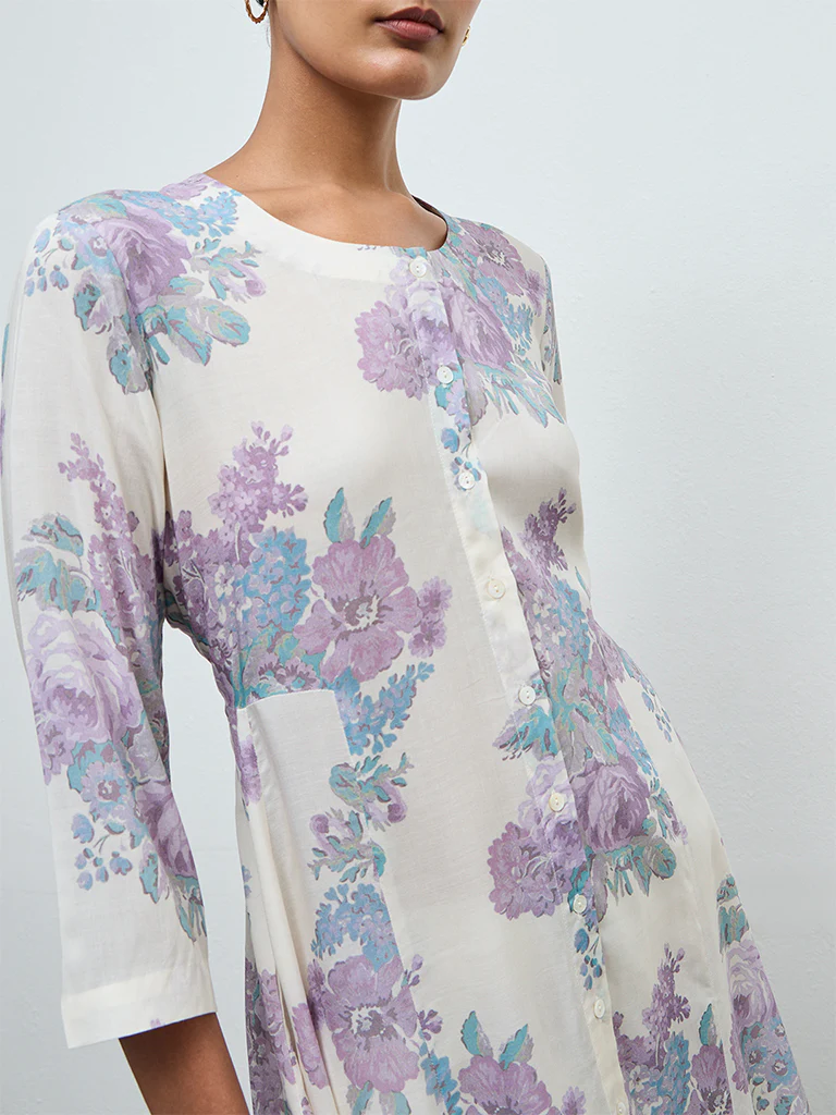 Zuba Off-White Floral A-Line Kurta - Image 3