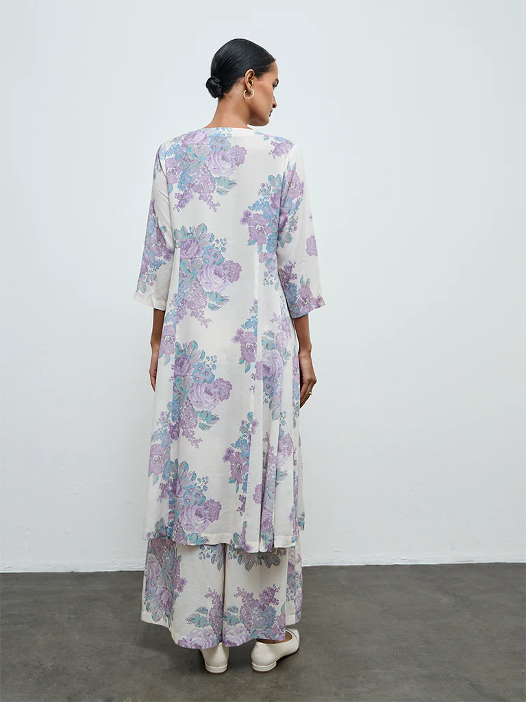 Zuba Off-White Floral A-Line Kurta - Image 4