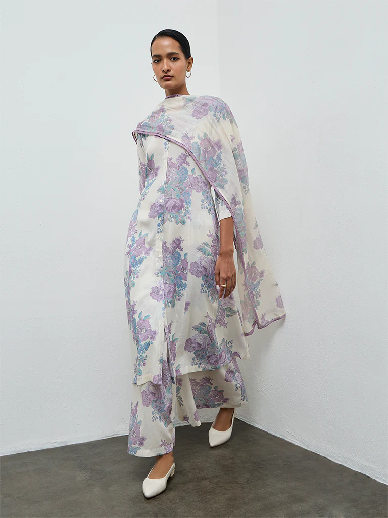 Zuba Off-White Floral Cotton-Blend Dupatta - Image 2