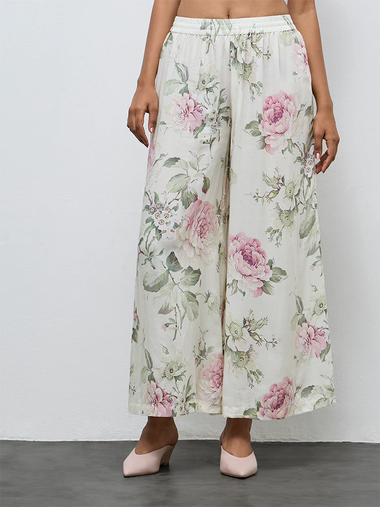 Zuba Off-White Floral Palazzos