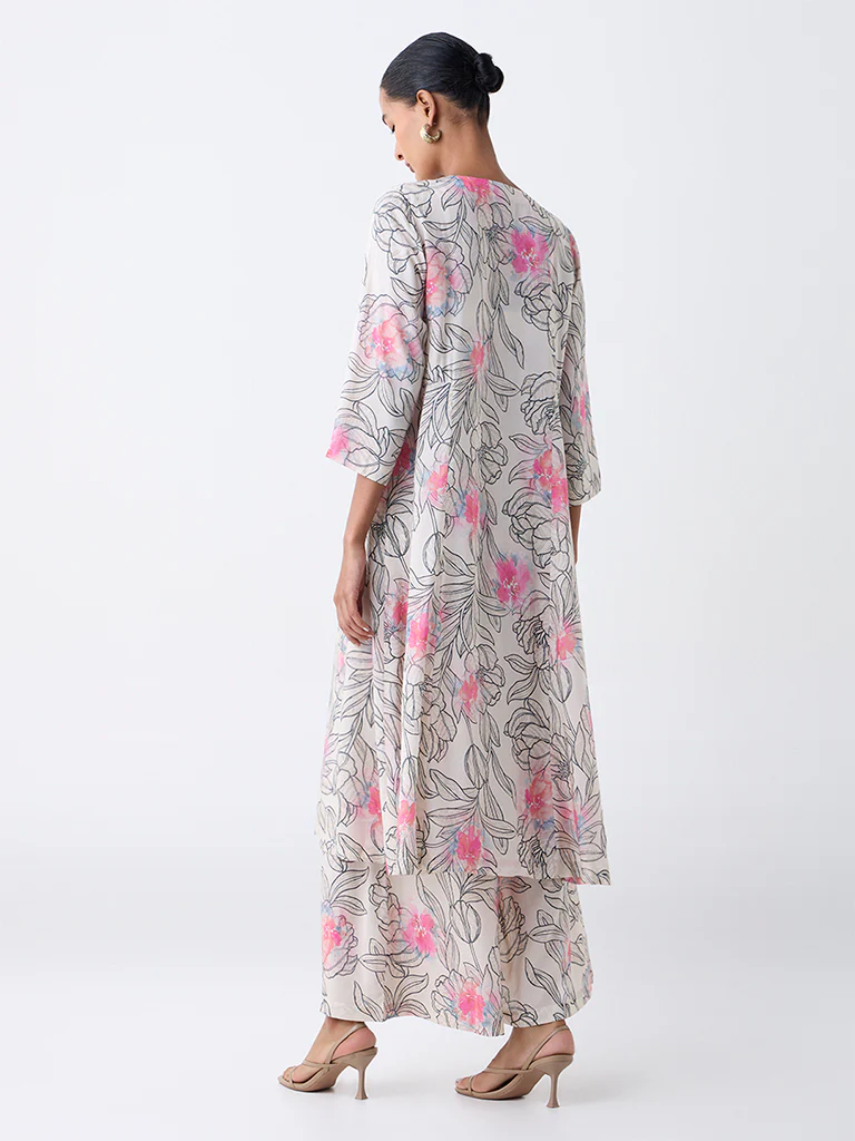 Zuba Off-White Floral Pattern A-Line Kurta - Image 4