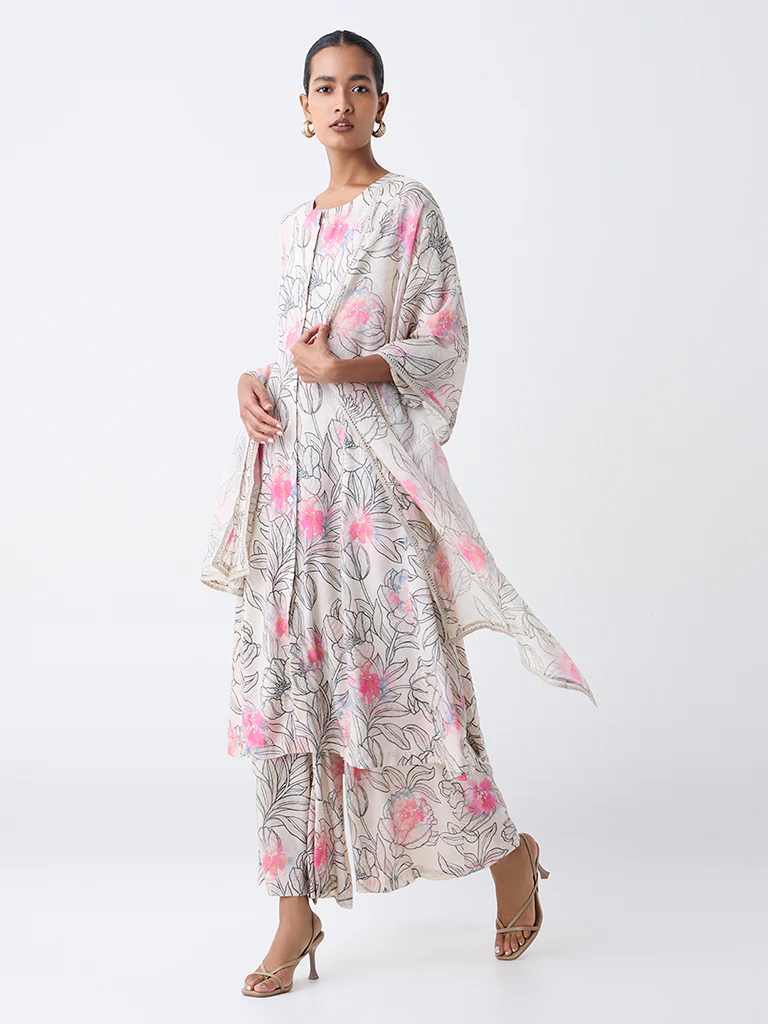 Zuba Off-White Floral Pattern Dupatta - Image 2
