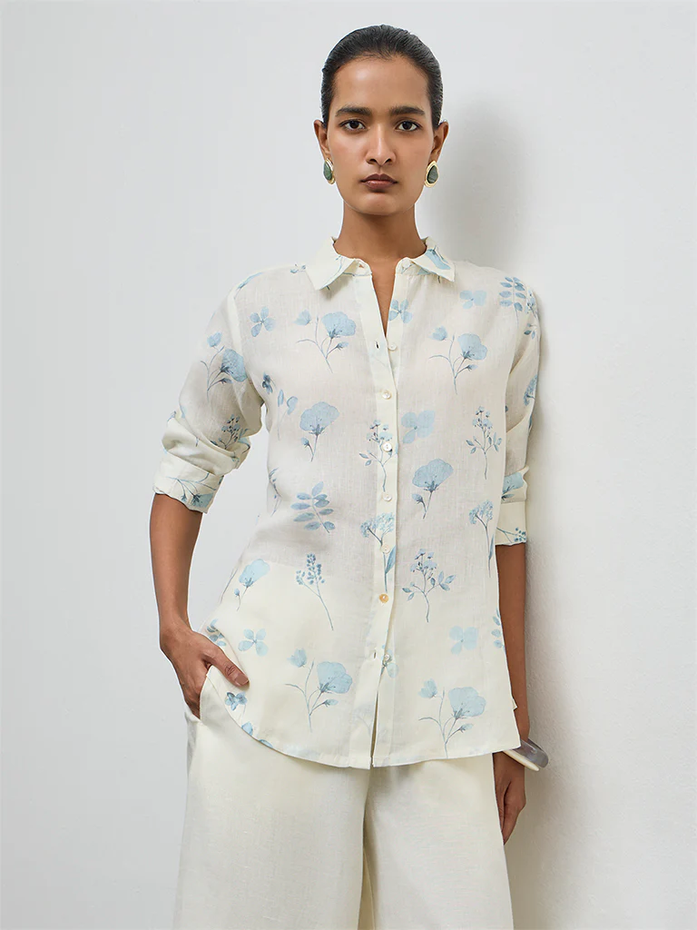 Zuba Off-White Floral Pattern Linen Tunic