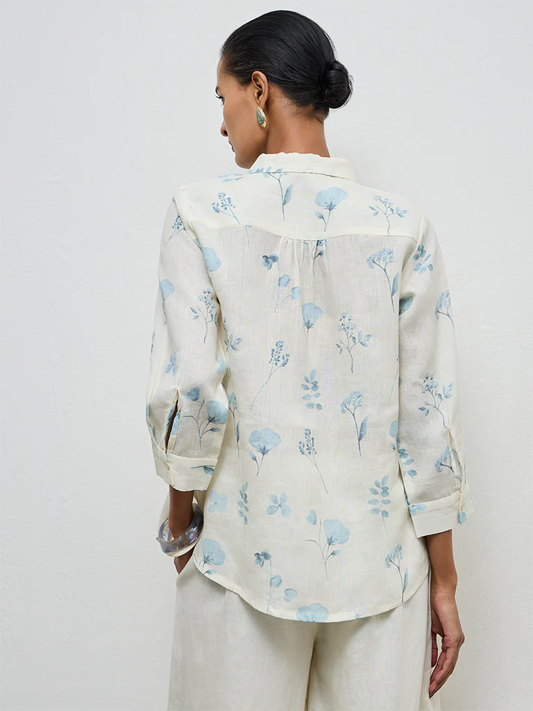 Zuba Off-White Floral Pattern Linen Tunic - Image 4