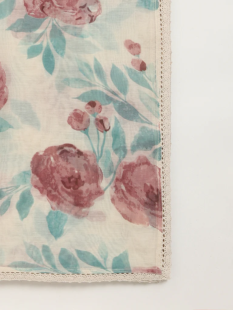 Zuba Off-White Floral Print Cotton-Blend Dupatta - Image 2
