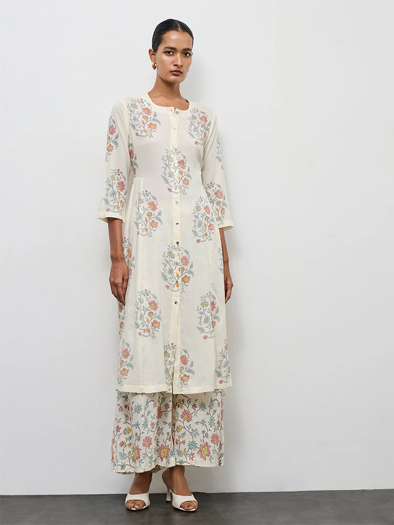 Zuba Off-White Floral Printed Cotton A-Line Kurta