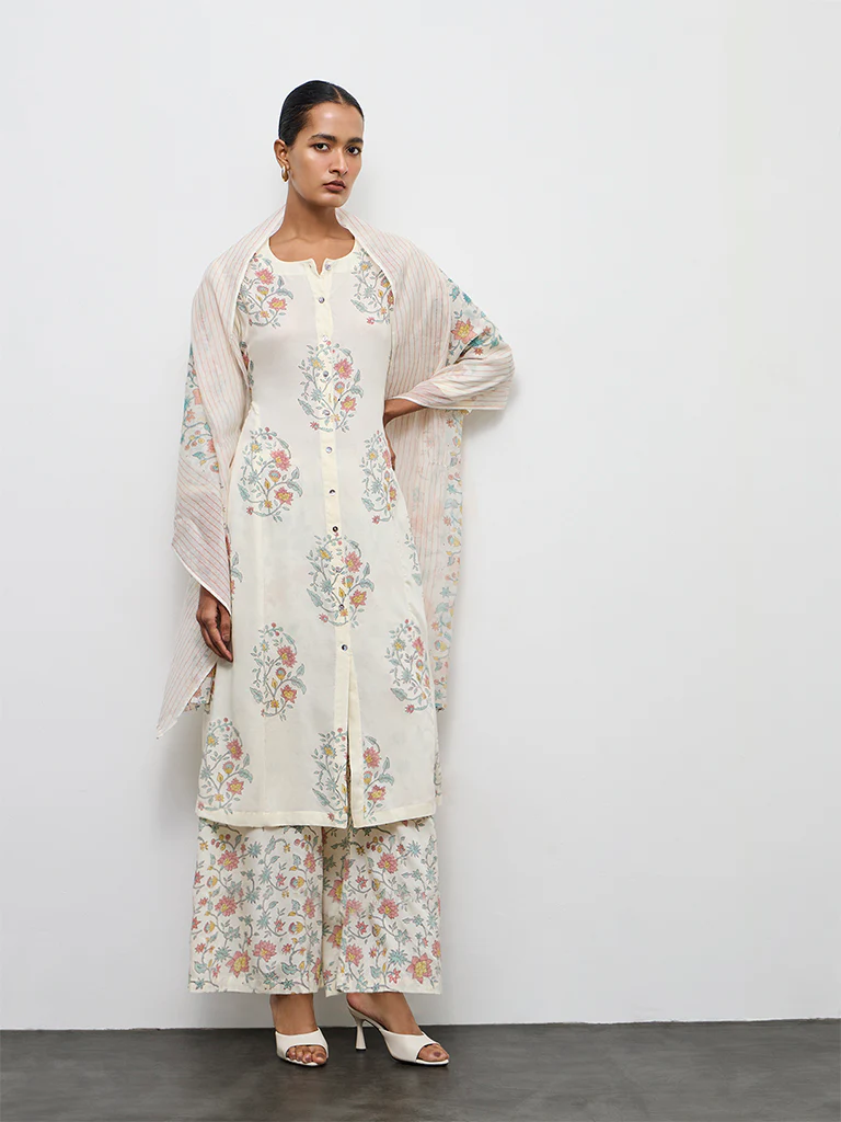 Zuba Off-White Floral Printed Cotton A-Line Kurta - Image 2