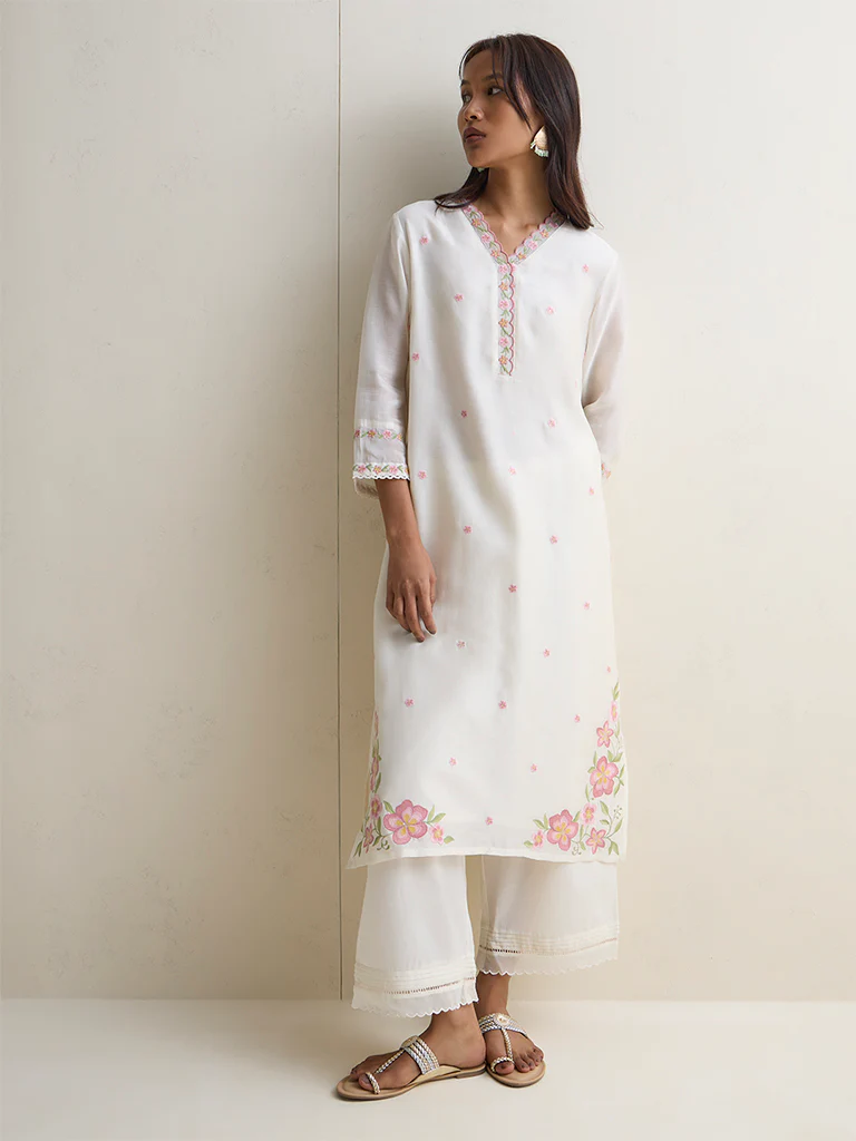 Zuba Off-White Lace Detailed Cotton Pants - Image 2