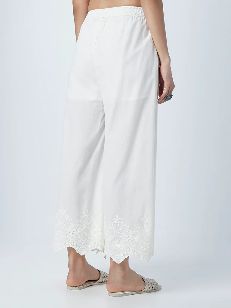 Zuba Off-White Solid  Cotton Palazzos - Image 3