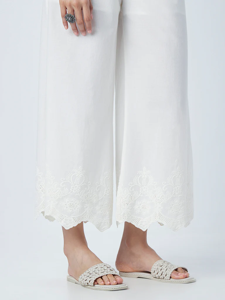 Zuba Off-White Solid  Cotton Palazzos - Image 5