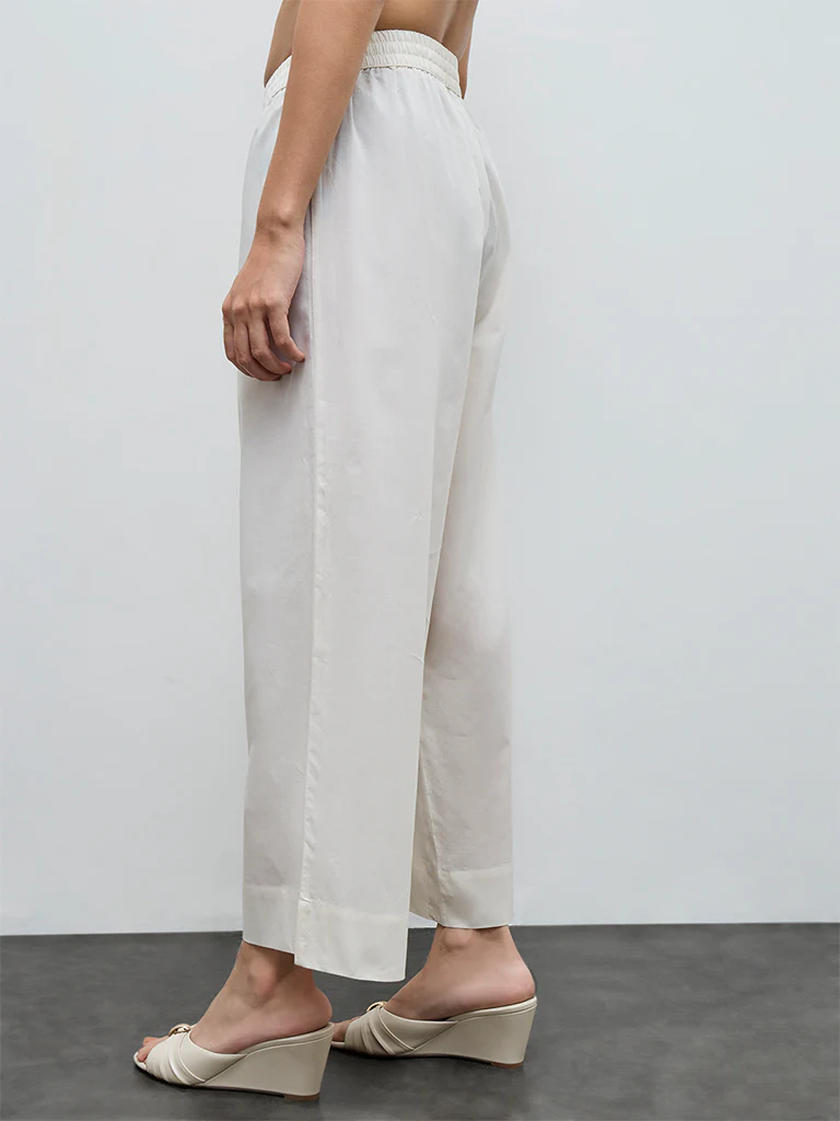 Zuba Off-White Solid Cotton Palazzos - Image 4