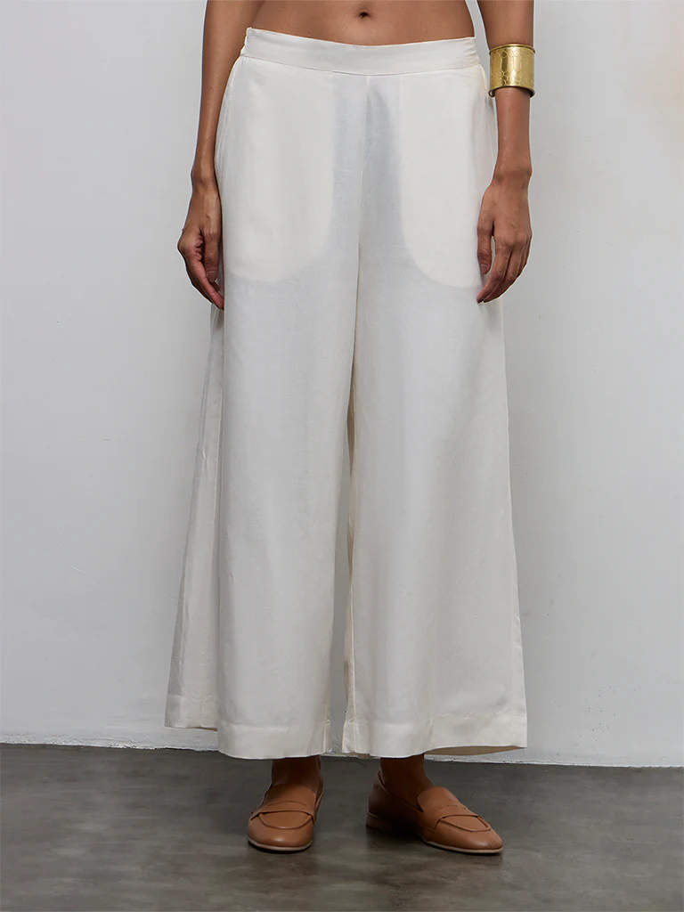 Zuba Off-White Solid Palazzos - Image 2